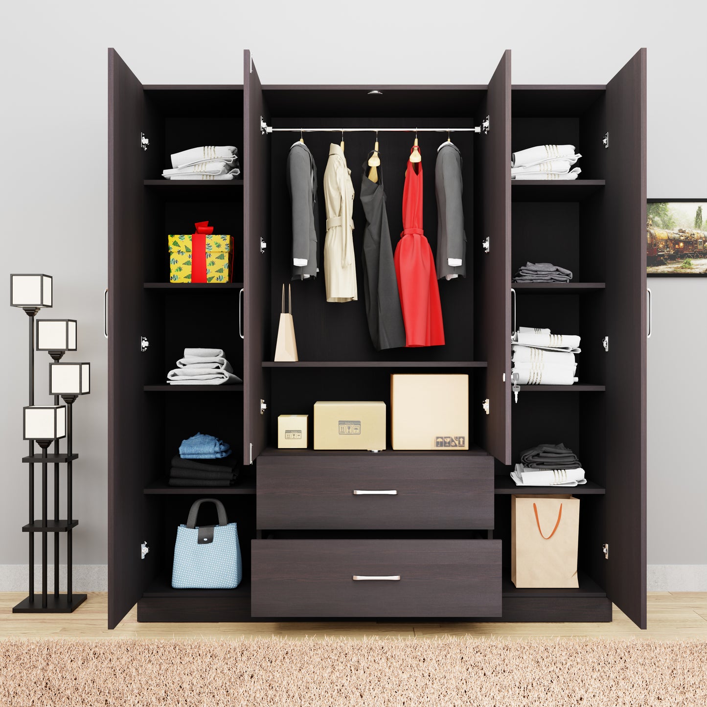 AVIRA |Wardrobe with Mirror, Hinged | 4 Door, 2 Drawer Wardrobes VIKI FURNITURE