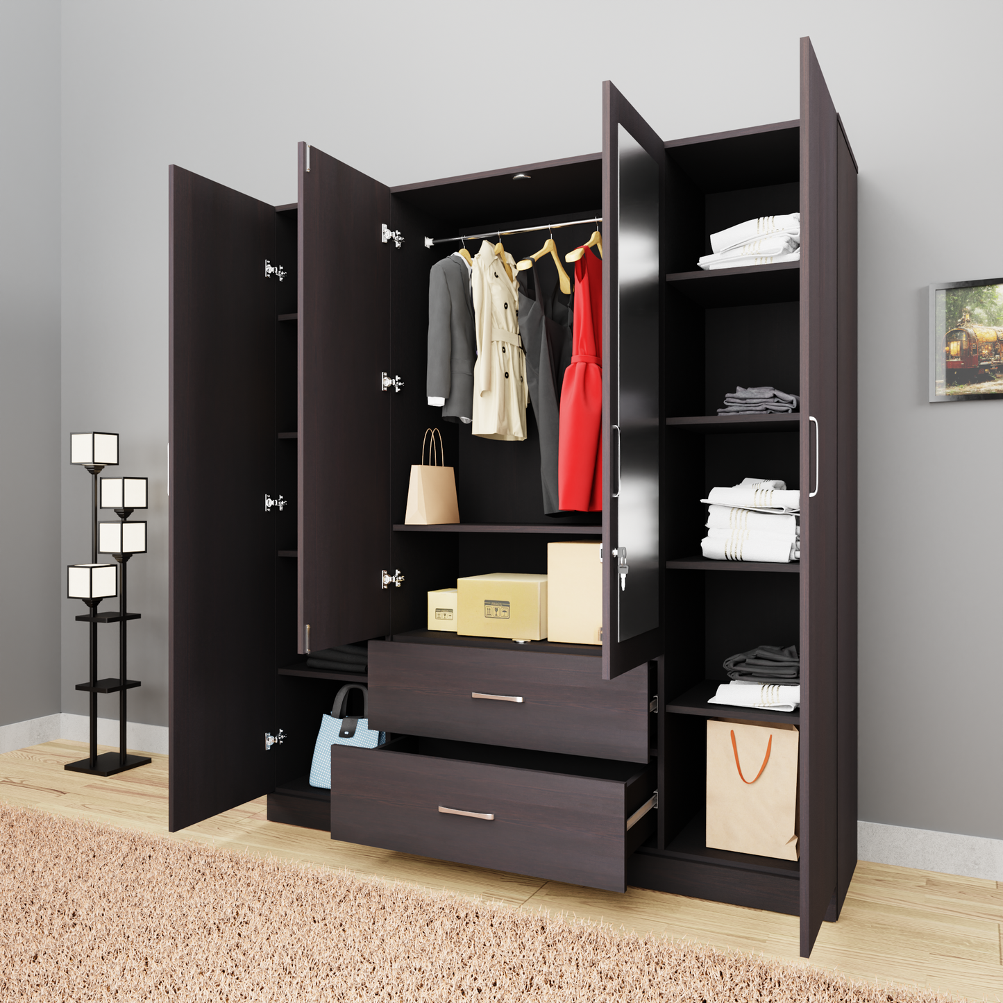 AVIRA |Wardrobe with Mirror, Hinged | 4 Door, 2 Drawer Wardrobes VIKI FURNITURE   