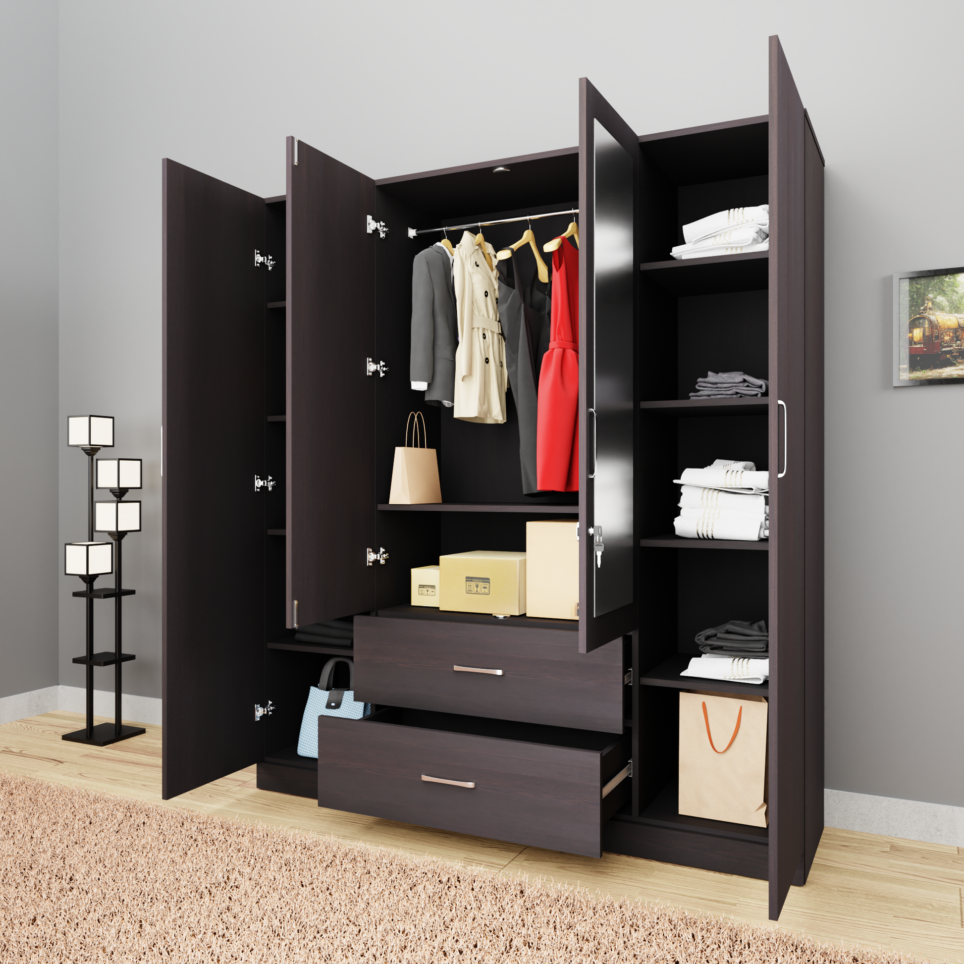 AVIRA |Wardrobe with Mirror, Hinged | 4 Door, 2 Drawer Wardrobes VIKI FURNITURE
