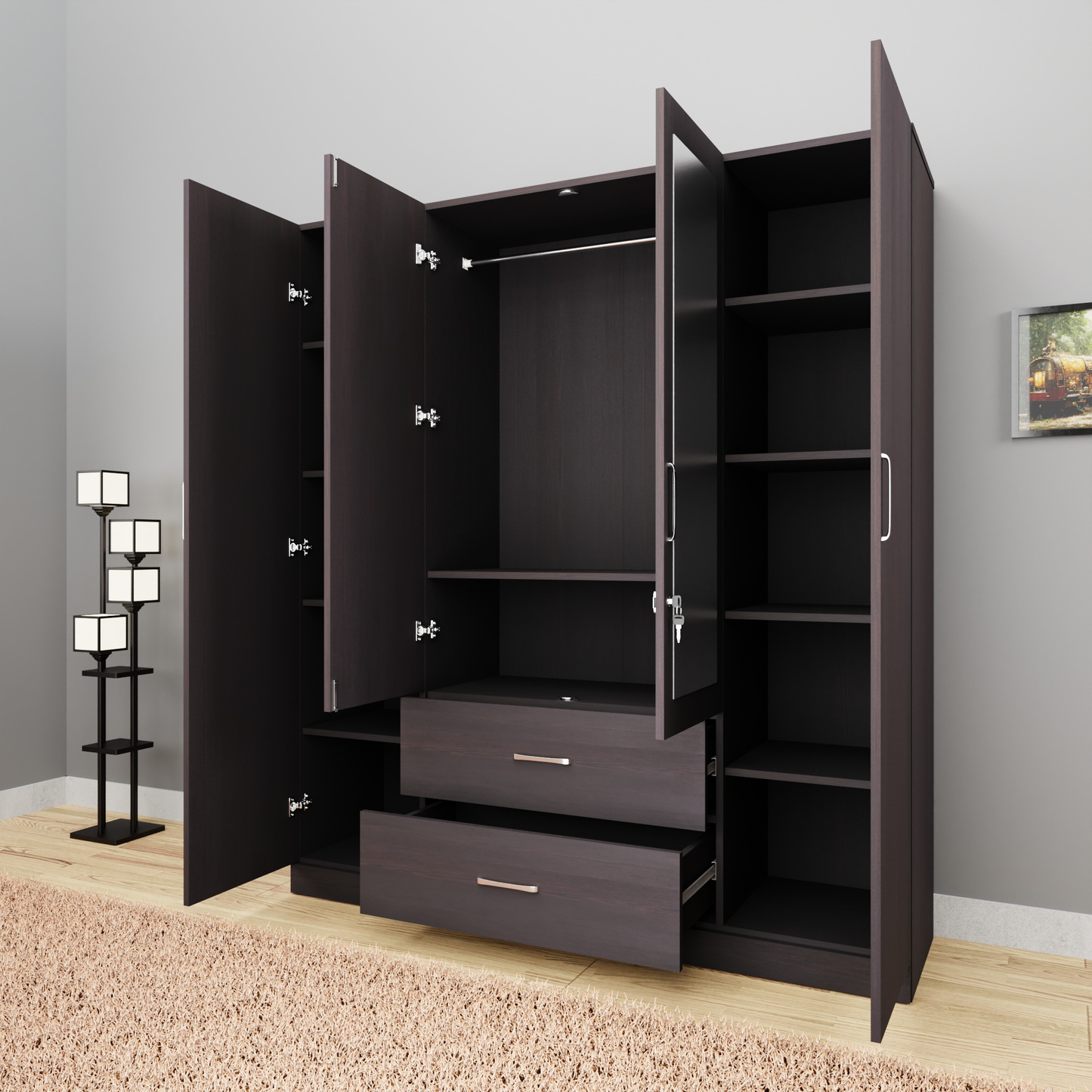 AVIRA |Wardrobe with Mirror, Hinged | 4 Door, 2 Drawer Wardrobes VIKI FURNITURE   