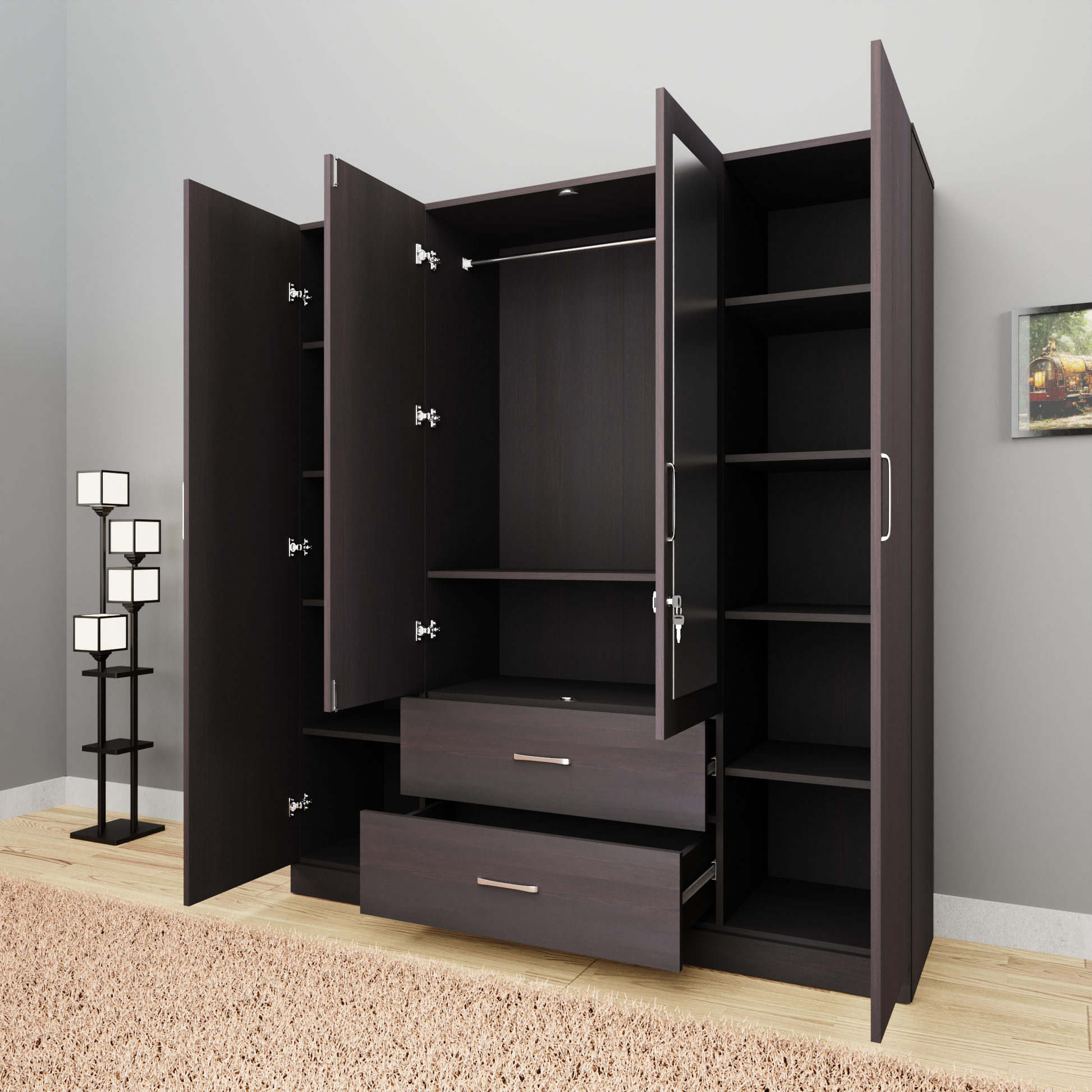 AVIRA |Wardrobe with Mirror, Hinged | 4 Door, 2 Drawer Wardrobes VIKI FURNITURE