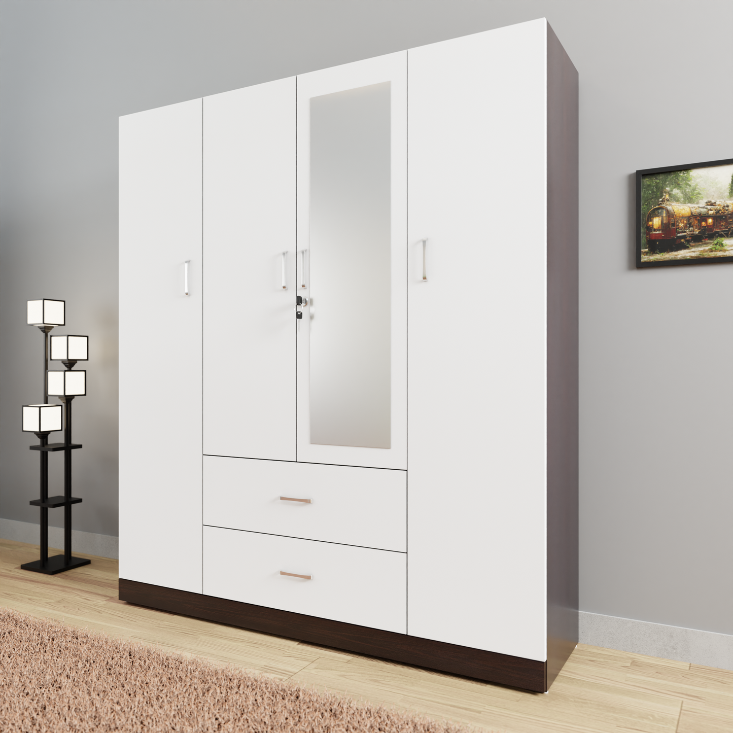AVIRA |Wardrobe with Mirror, Hinged | 4 Door, 2 Drawer & Dual Color Wardrobes VIKI FURNITURE Dark Wenge & Frosty White