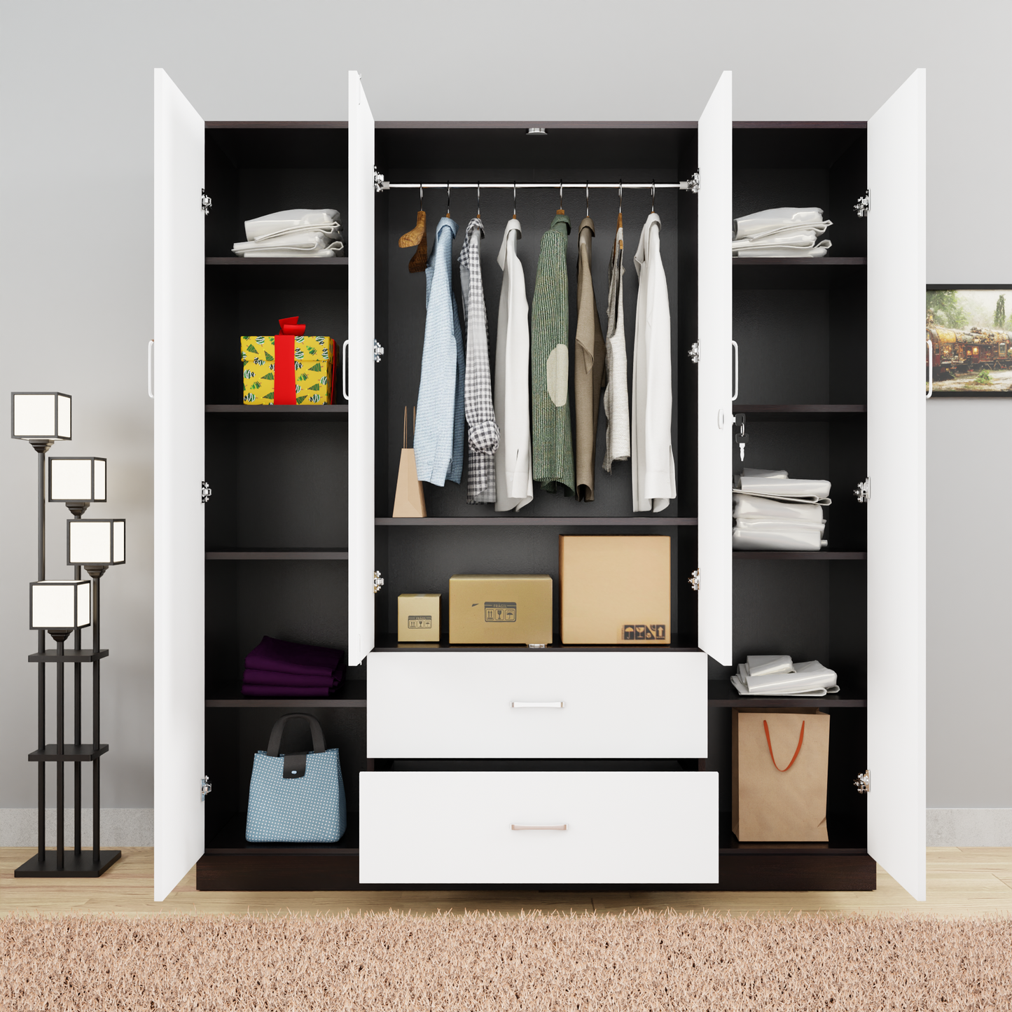 AVIRA |Wardrobe with Mirror, Hinged | 4 Door, 2 Drawer & Dual Color Wardrobes VIKI FURNITURE