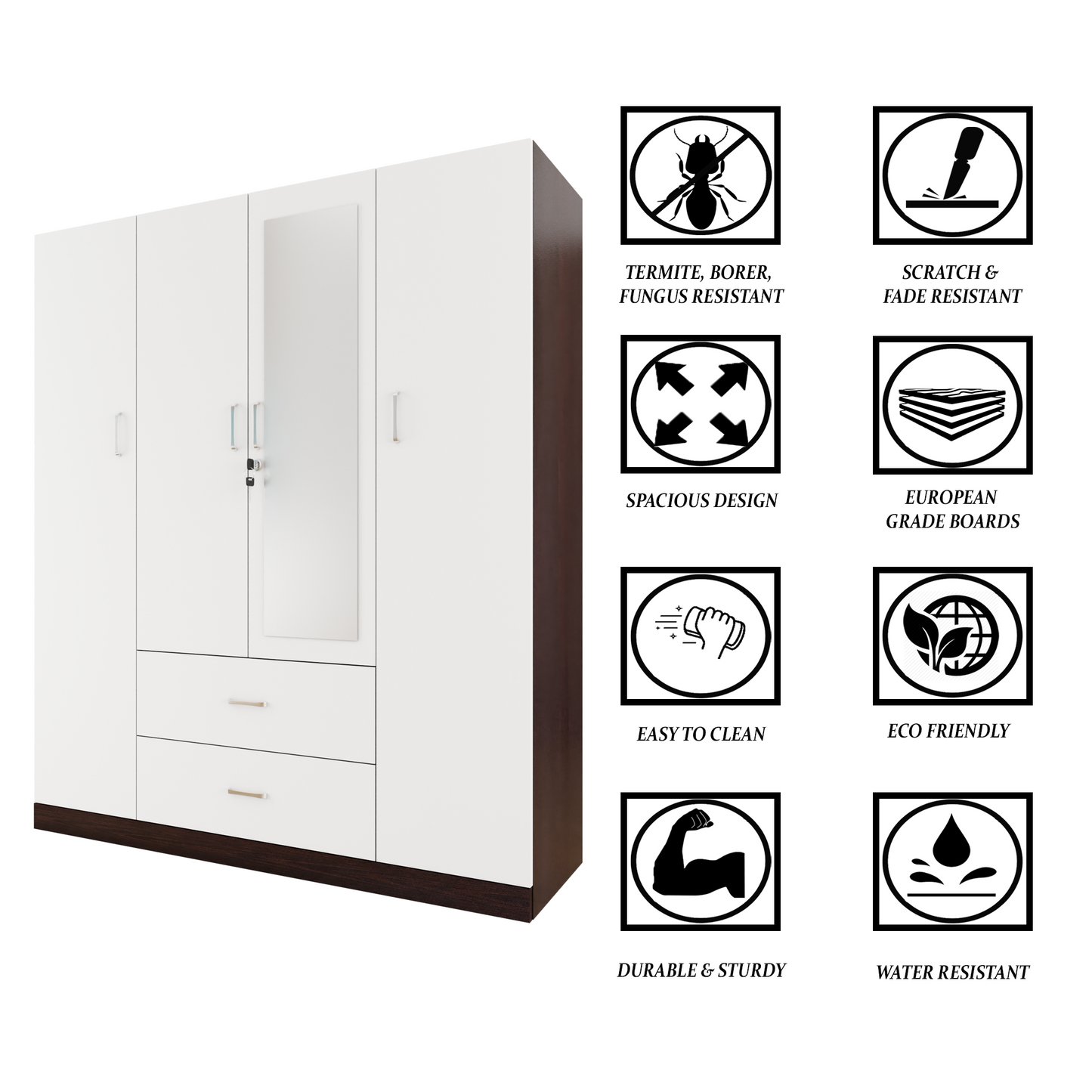 AVIRA |Wardrobe with Mirror, Hinged | 4 Door, 2 Drawer & Dual Color Wardrobes VIKI FURNITURE