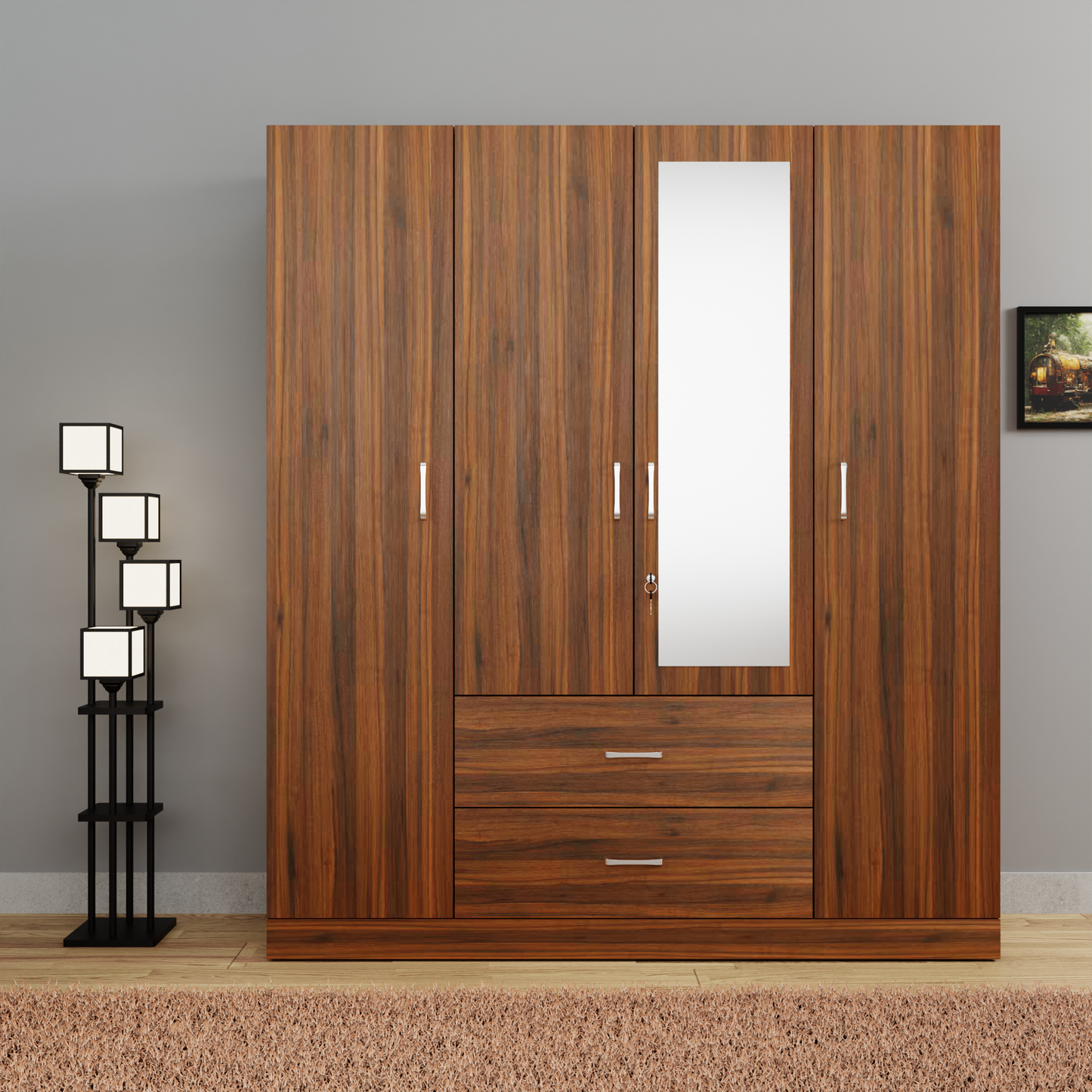 AVIRA |Wardrobe with Mirror, Hinged | 4 Door, 2 Drawer Wardrobes VIKI FURNITURE Brussel Walnut