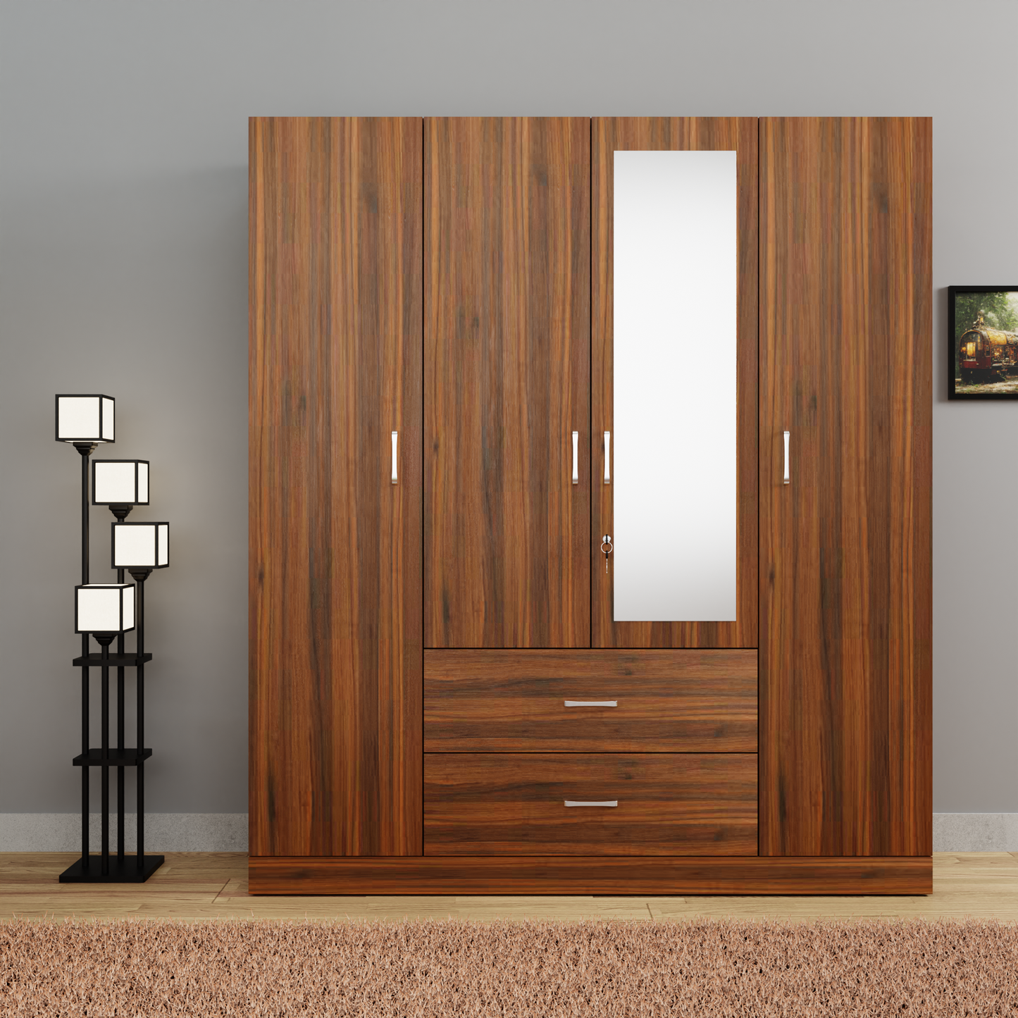 AVIRA |Wardrobe with Mirror, Hinged | 4 Door, 2 Drawer Wardrobes VIKI FURNITURE Brussel Walnut  