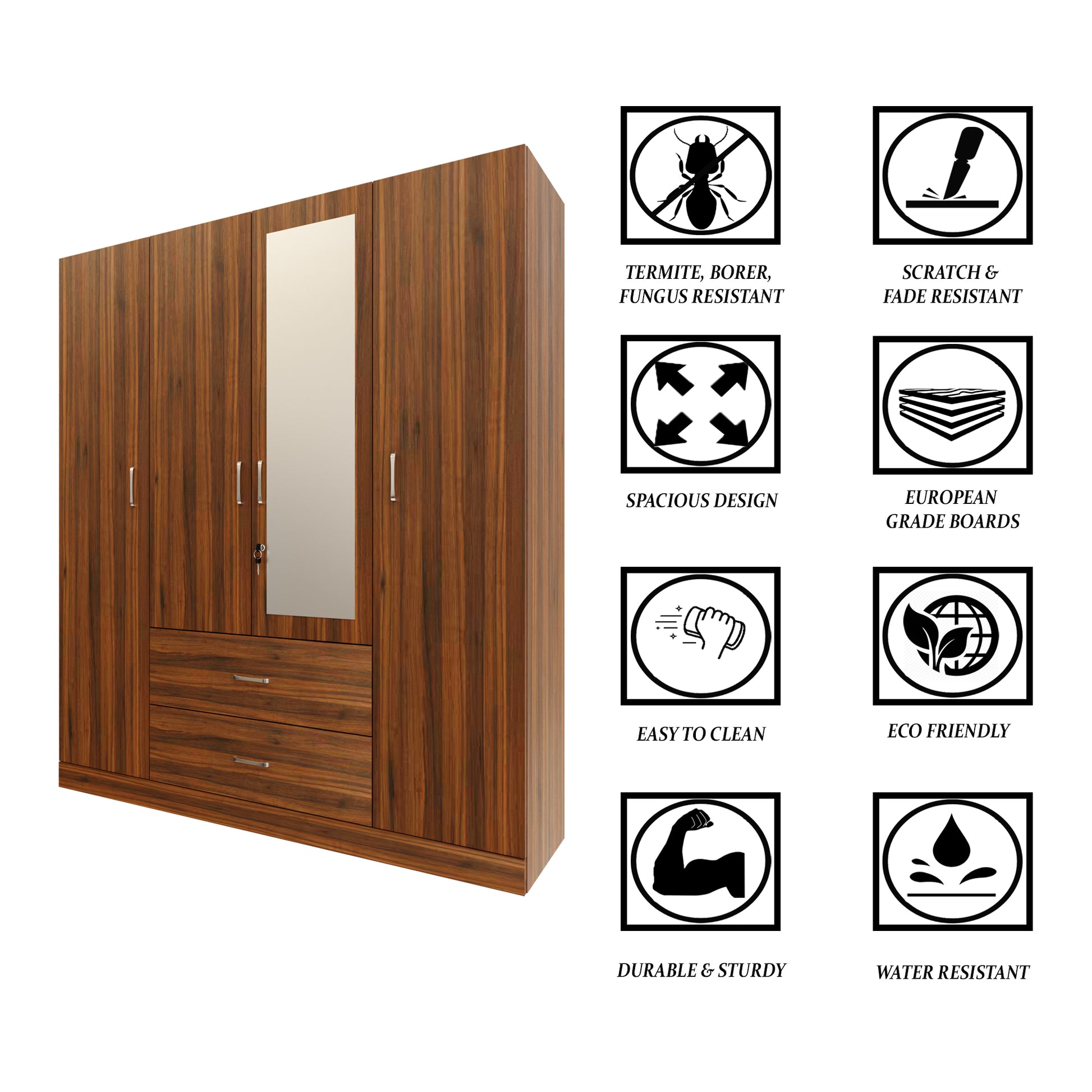 AVIRA |Wardrobe with Mirror, Hinged | 4 Door, 2 Drawer Wardrobes VIKI FURNITURE