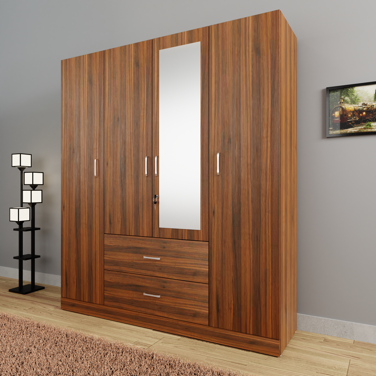 AVIRA |Wardrobe with Mirror, Hinged | 4 Door, 2 Drawer Wardrobes VIKI FURNITURE   