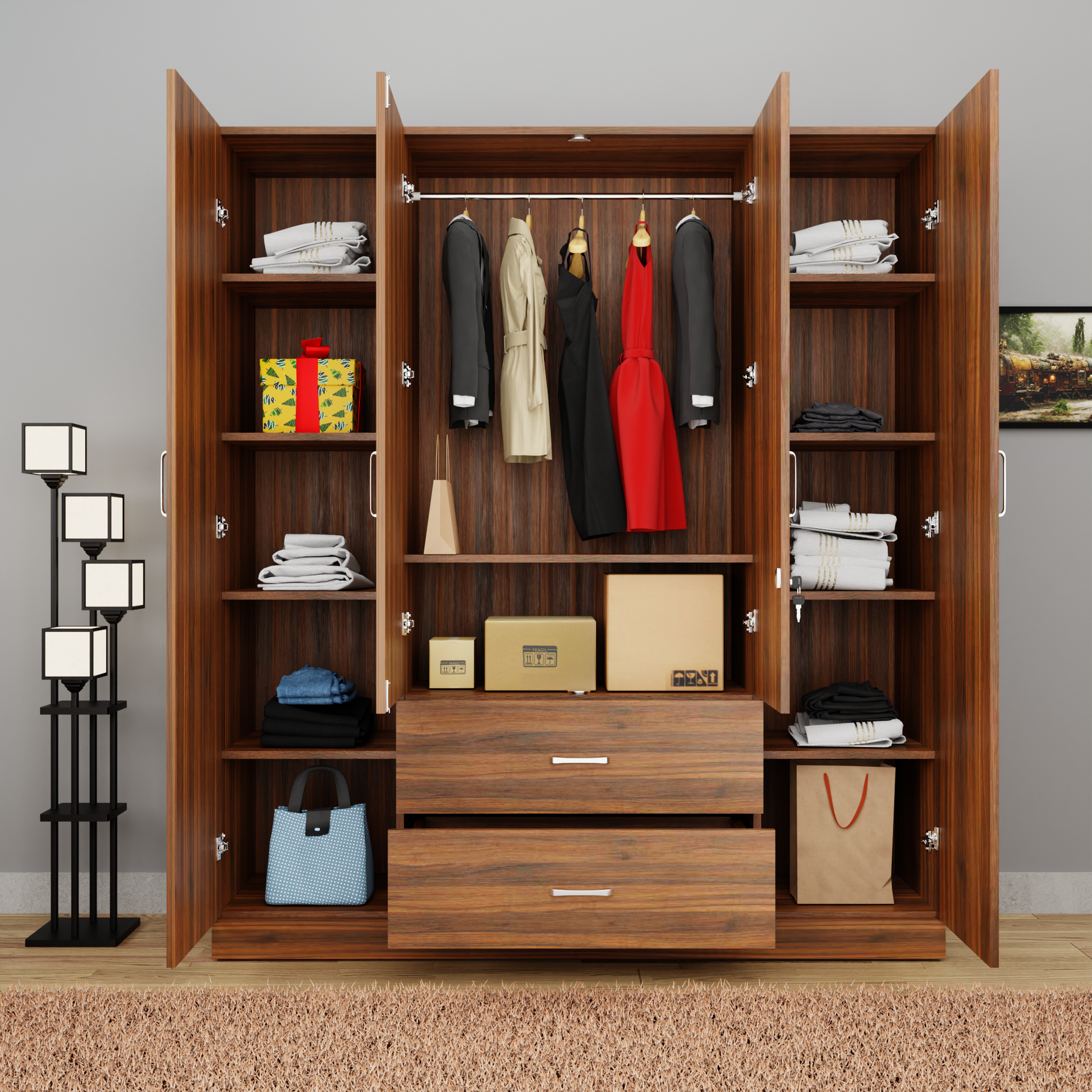 AVIRA |Wardrobe with Mirror, Hinged | 4 Door, 2 Drawer Wardrobes VIKI FURNITURE