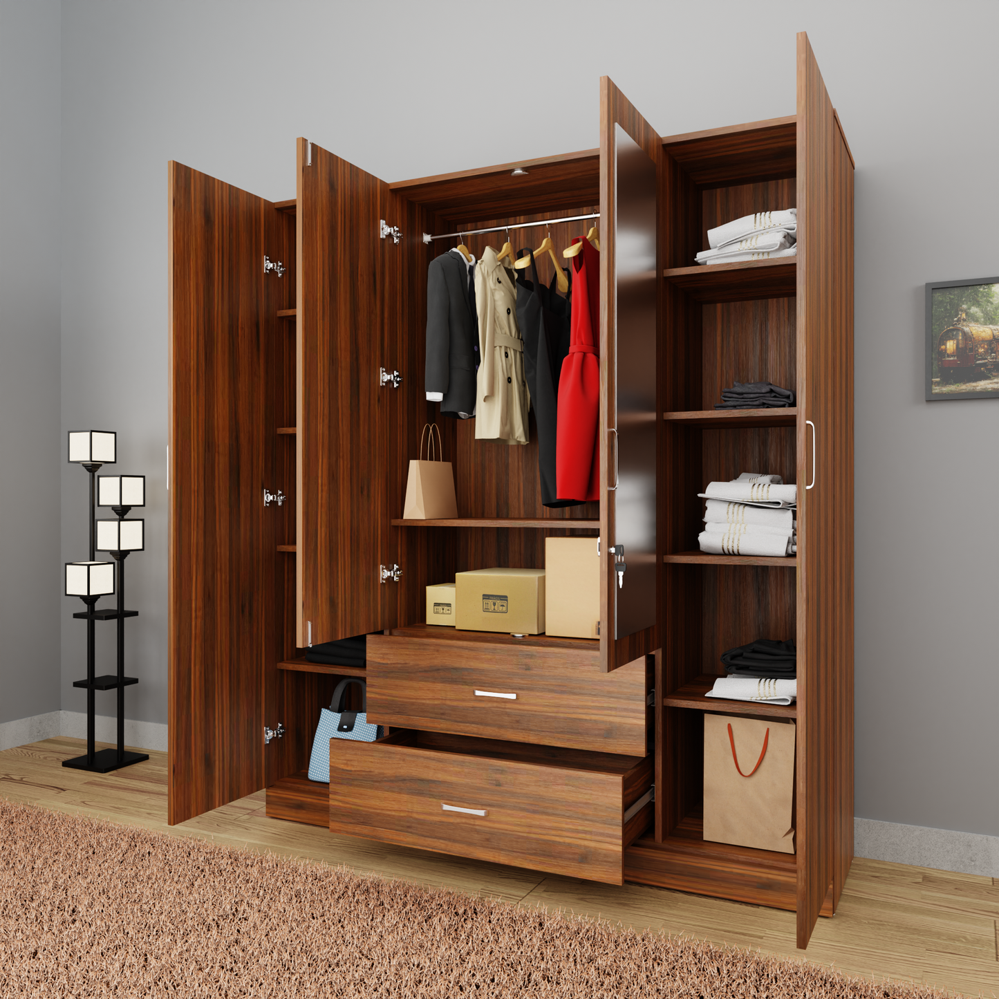 AVIRA |Wardrobe with Mirror, Hinged | 4 Door, 2 Drawer Wardrobes VIKI FURNITURE   