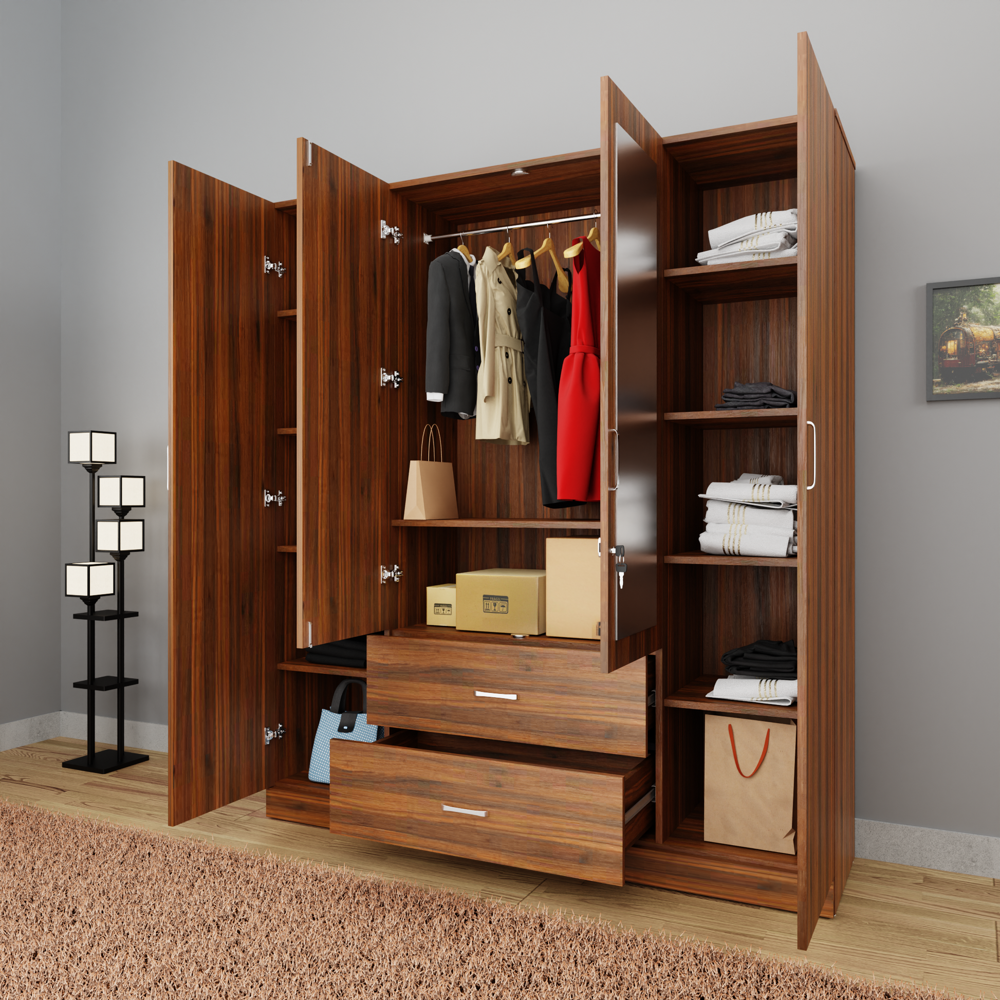 AVIRA |Wardrobe with Mirror, Hinged | 4 Door, 2 Drawer Wardrobes VIKI FURNITURE