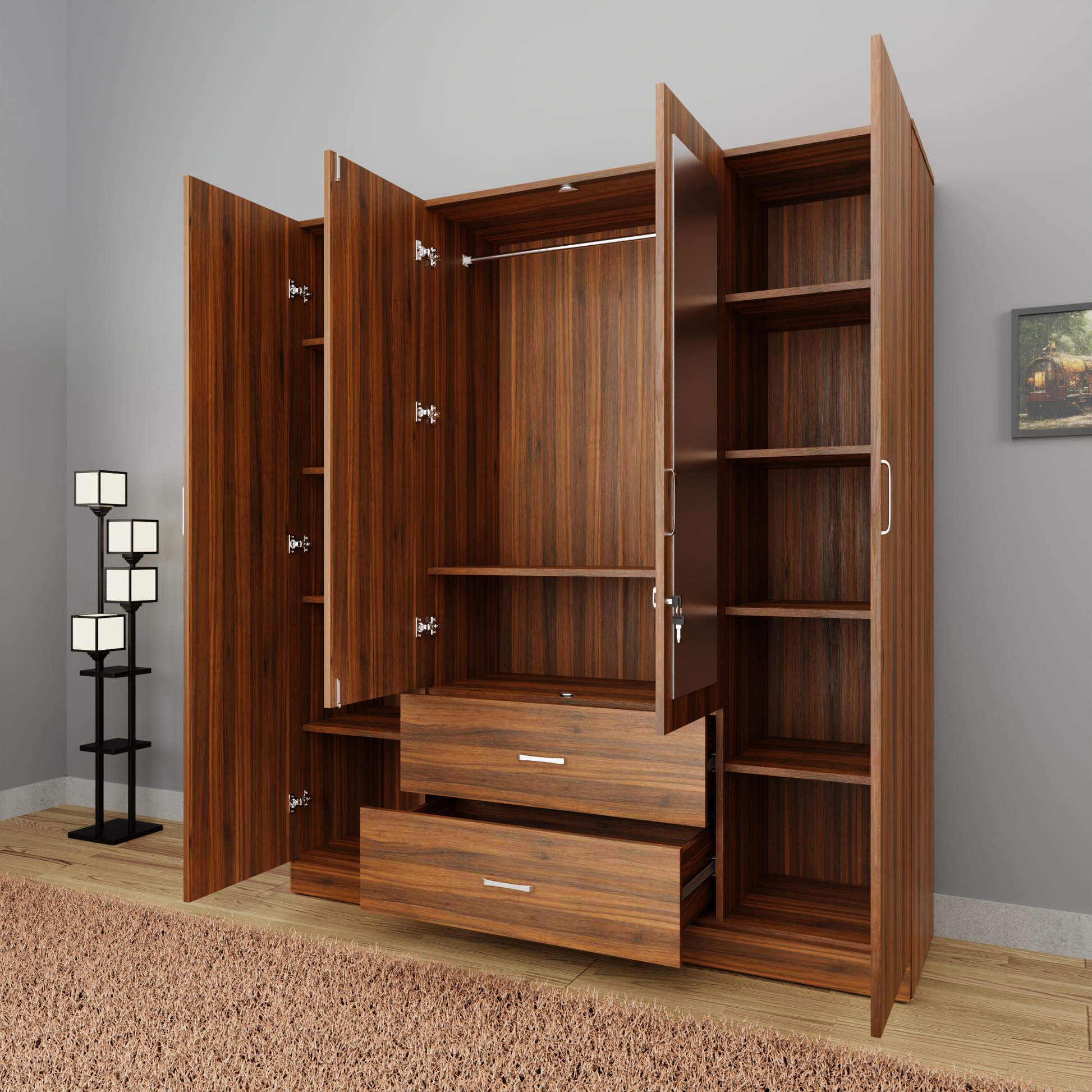 AVIRA |Wardrobe with Mirror, Hinged | 4 Door, 2 Drawer Wardrobes VIKI FURNITURE