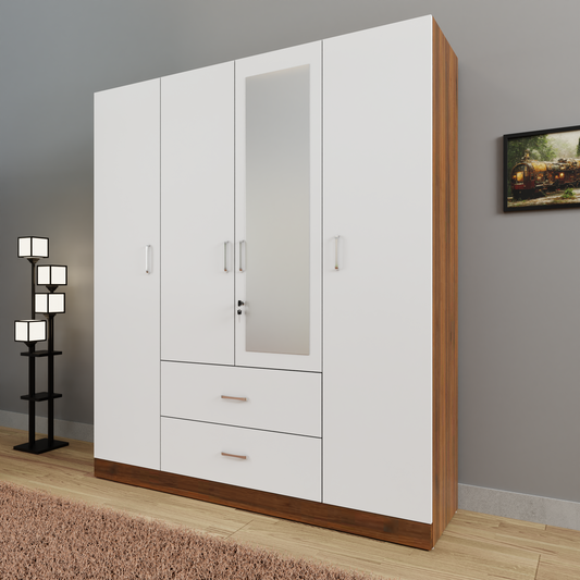 AVIRA |Wardrobe with Mirror, Hinged | 4 Door, 2 Drawer & Dual Color Wardrobes VIKI FURNITURE Brussel Walnut & Frosty White