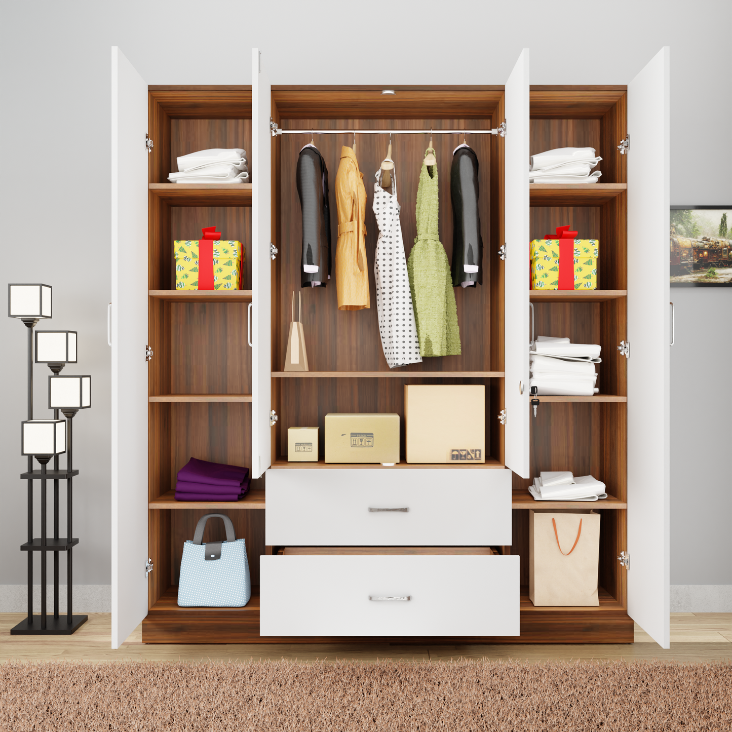 AVIRA |Wardrobe with Mirror, Hinged | 4 Door, 2 Drawer & Dual Color Wardrobes VIKI FURNITURE