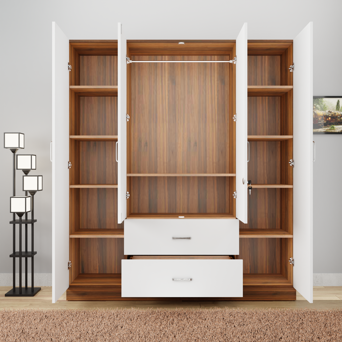 AVIRA |Wardrobe with Mirror, Hinged | 4 Door, 2 Drawer & Dual Color Wardrobes VIKI FURNITURE