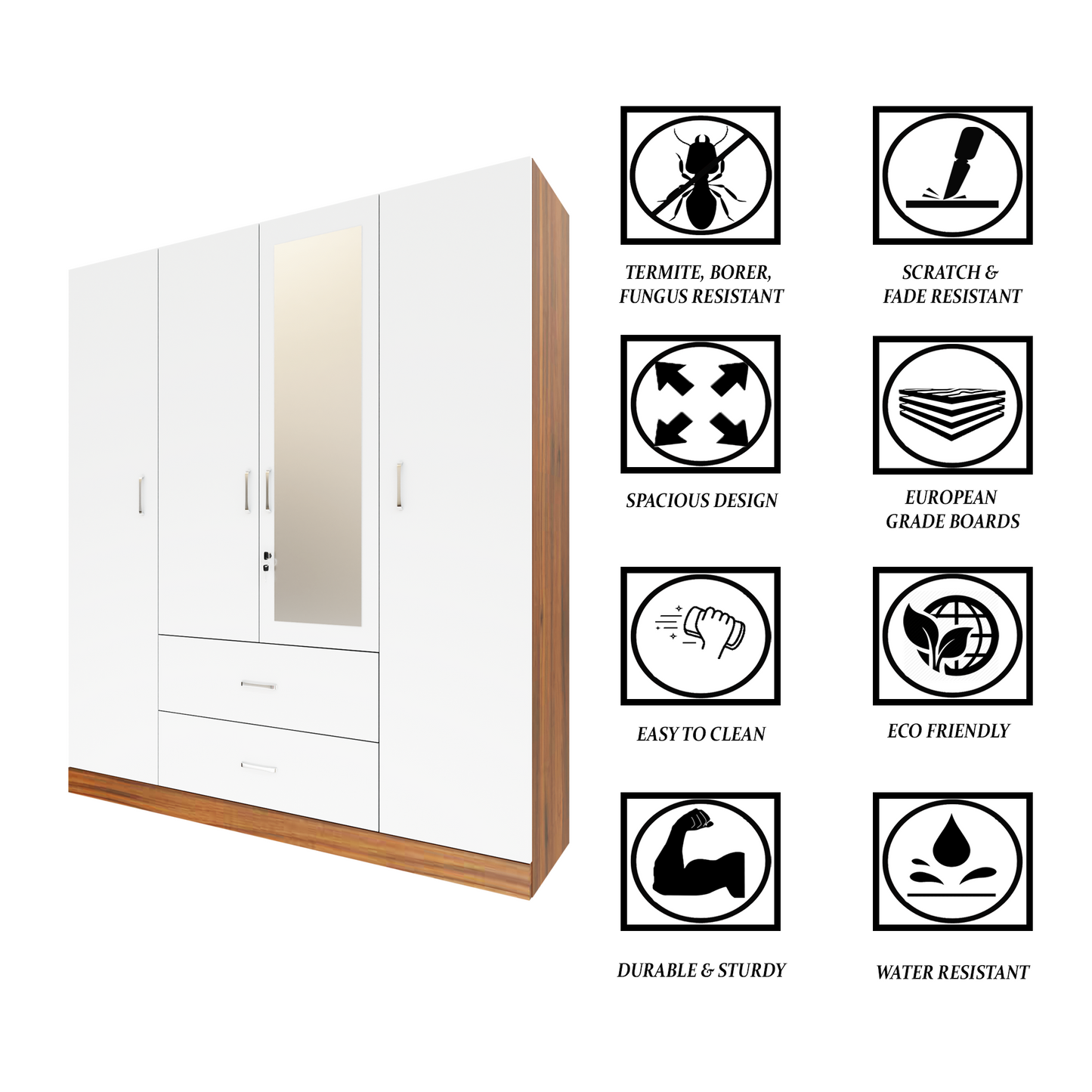 AVIRA |Wardrobe with Mirror, Hinged | 4 Door, 2 Drawer & Dual Color Wardrobes VIKI FURNITURE