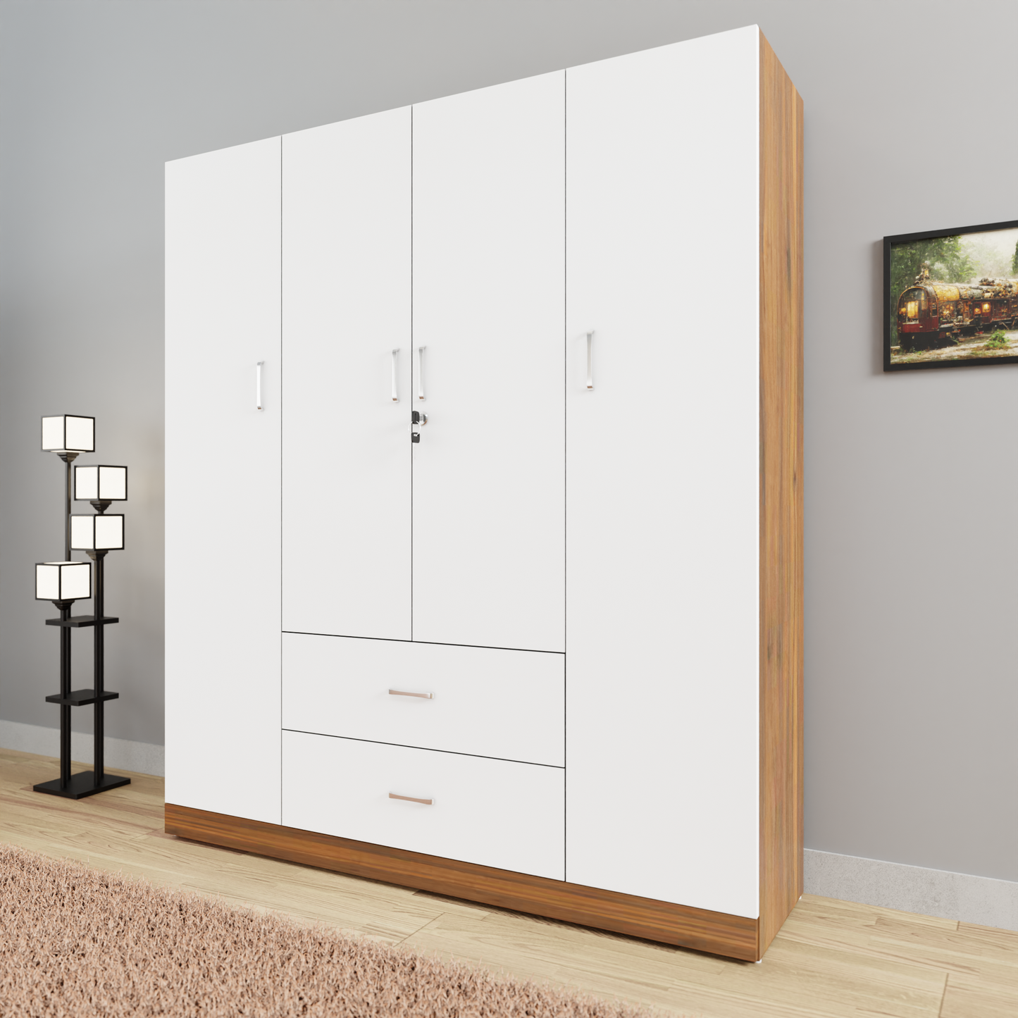 AVIRA |Wardrobe, Hinged | 4 Door, 2 Drawer & Dual Color Wardrobes VIKI FURNITURE Brussel Walnut & Frosty White  