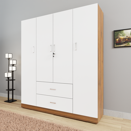 AVIRA |Wardrobe, Hinged | 4 Door, 2 Drawer & Dual Color Wardrobes VIKI FURNITURE Brussel Walnut & Frosty White