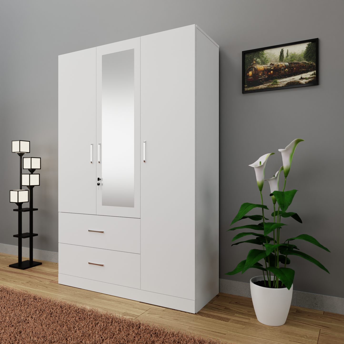 AVIRA | Wardrobe With Mirror, Hinged | 3 Door, 2 Drawer Wardrobes VIKI FURNITURE Frosty White