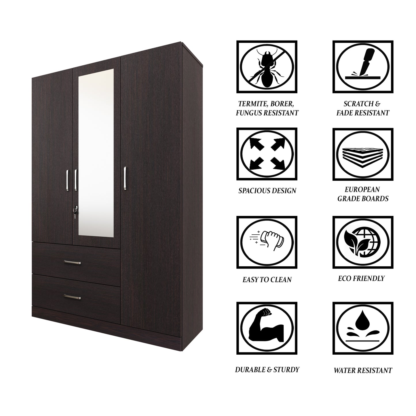 AVIRA | Wardrobe With Mirror, Hinged | 3 Door, 2 Drawer Wardrobes VIKI FURNITURE