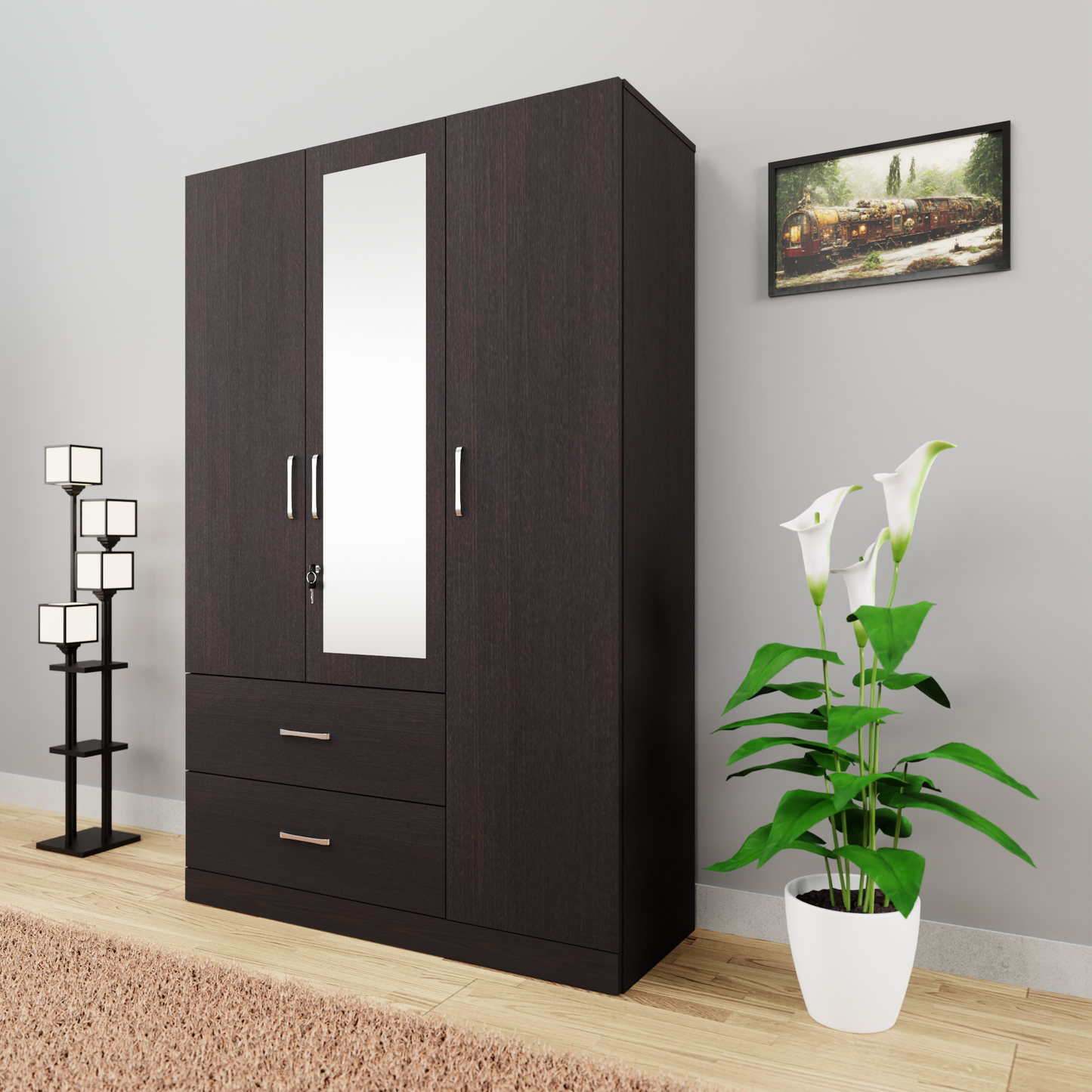 AVIRA | Wardrobe With Mirror, Hinged | 3 Door, 2 Drawer Wardrobes VIKI FURNITURE Dark Wenge