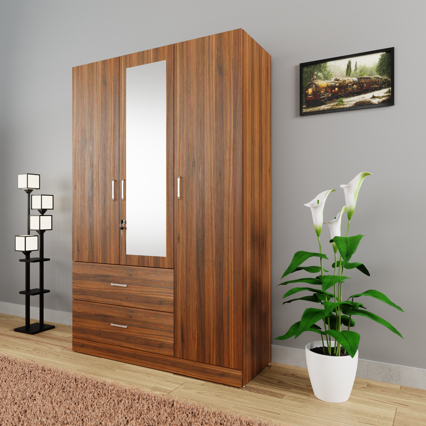AVIRA | Wardrobe With Mirror, Hinged | 3 Door, 2 Drawer Wardrobes VIKI FURNITURE Brussel Walnut