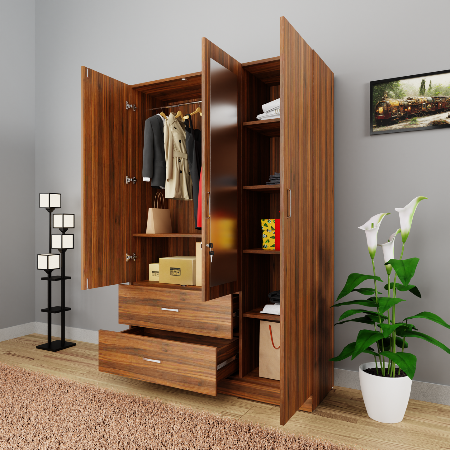 AVIRA | Wardrobe With Mirror, Hinged | 3 Door, 2 Drawer Wardrobes VIKI FURNITURE