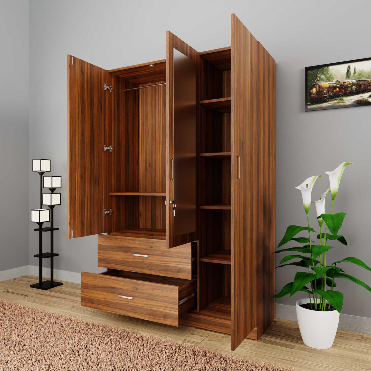 AVIRA | Wardrobe With Mirror, Hinged | 3 Door, 2 Drawer Wardrobes VIKI FURNITURE