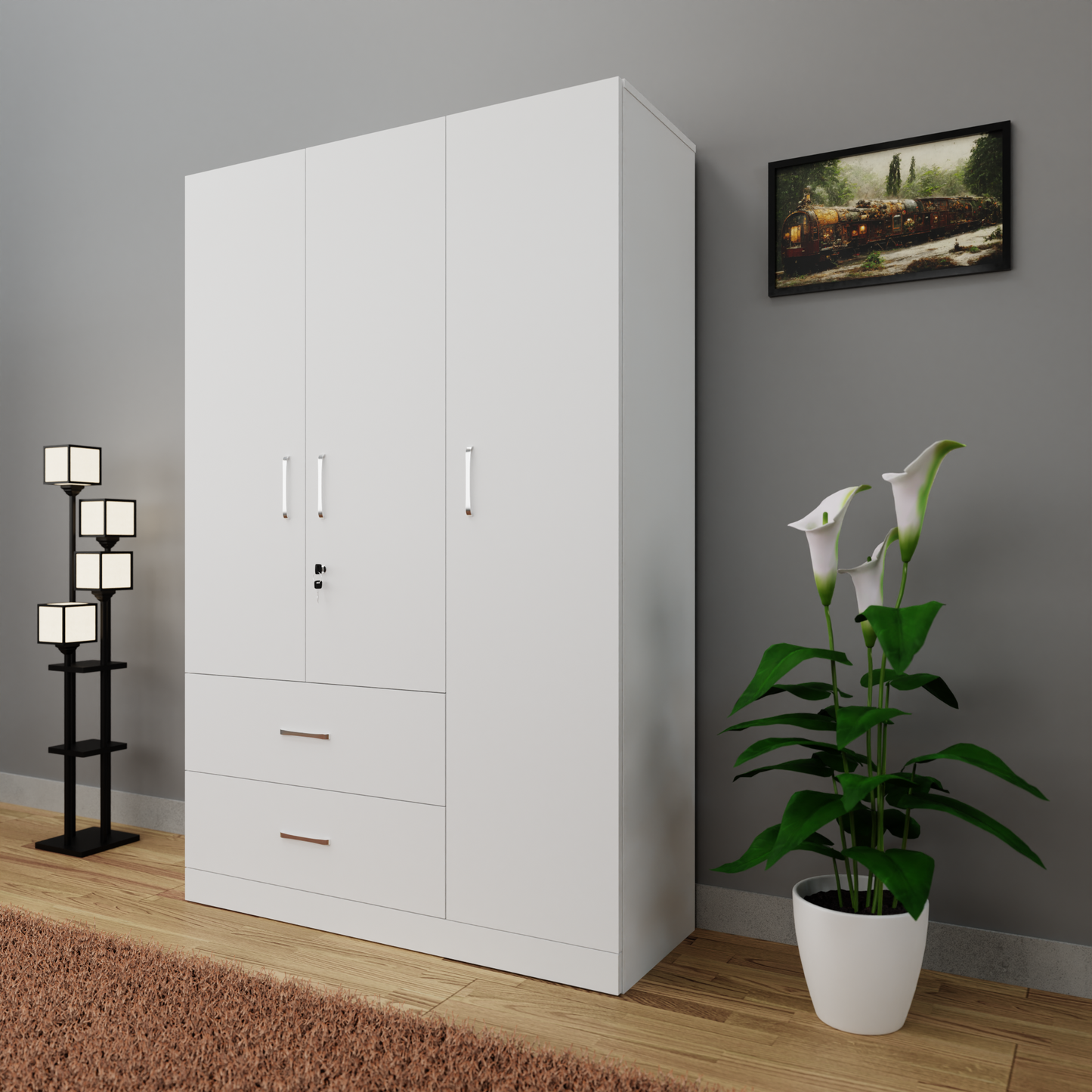 AVIRA | Wardrobe , Hinged | 3 Door, 2 Drawer Wardrobes VIKI FURNITURE Frosty White