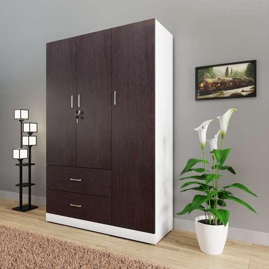 AVIRA | Wardrobe , Hinged | 3 Door, 2 Drawer & Dual Color Wardrobes VIKI FURNITURE Frosty White & Dark Wenge