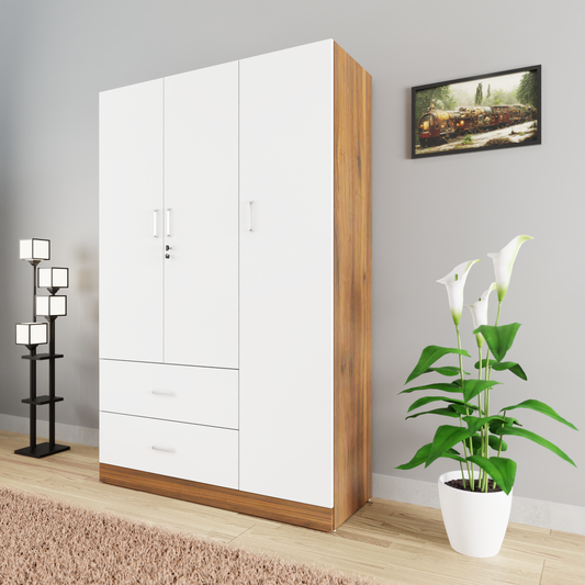 AVIRA | Wardrobe , Hinged | 3 Door, 2 Drawer & Dual Color Wardrobes VIKI FURNITURE Brussel Walnut & Frosty White