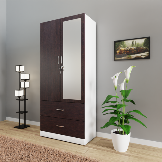 AVIRA | Wardrobe With Mirror, Hinged | 2 Door, 2 Drawer & Dual Color Wardrobes VIKI FURNITURE Frosty White & Dark Wenge