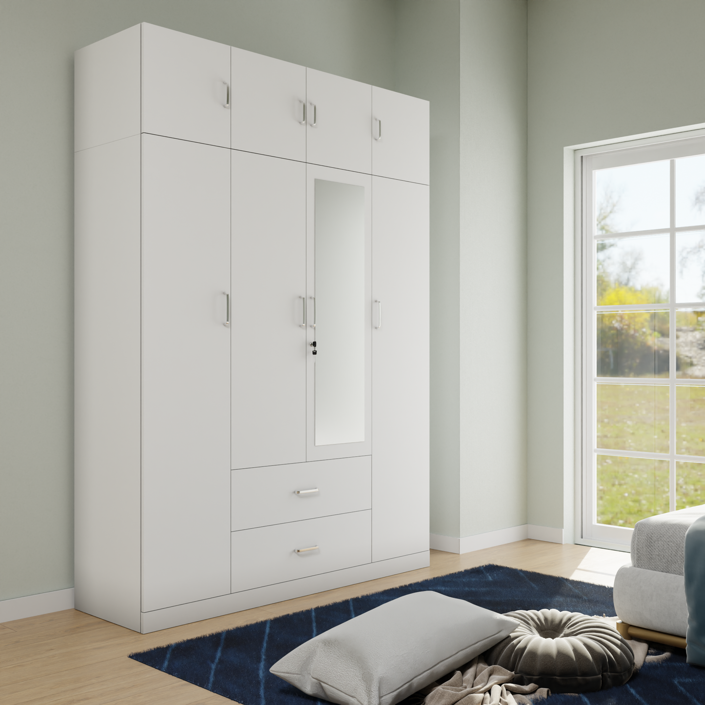 AVIRA |Wardrobe with Mirror, Hinged | 4 Door, 2 Drawer with loft Wardrobes VIKI FURNITURE Frosty White