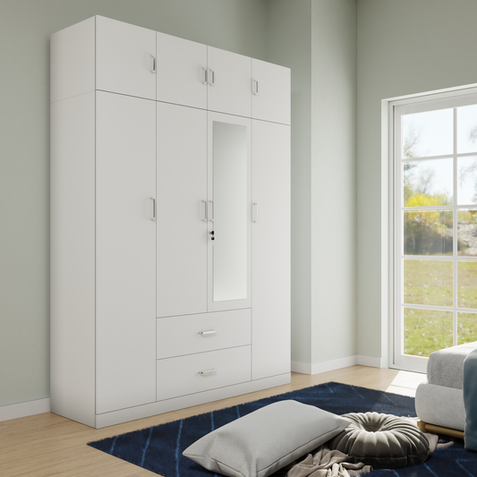 AVIRA |Wardrobe with Mirror, Hinged | 4 Door, 2 Drawer with loft Wardrobes VIKI FURNITURE Frosty White  