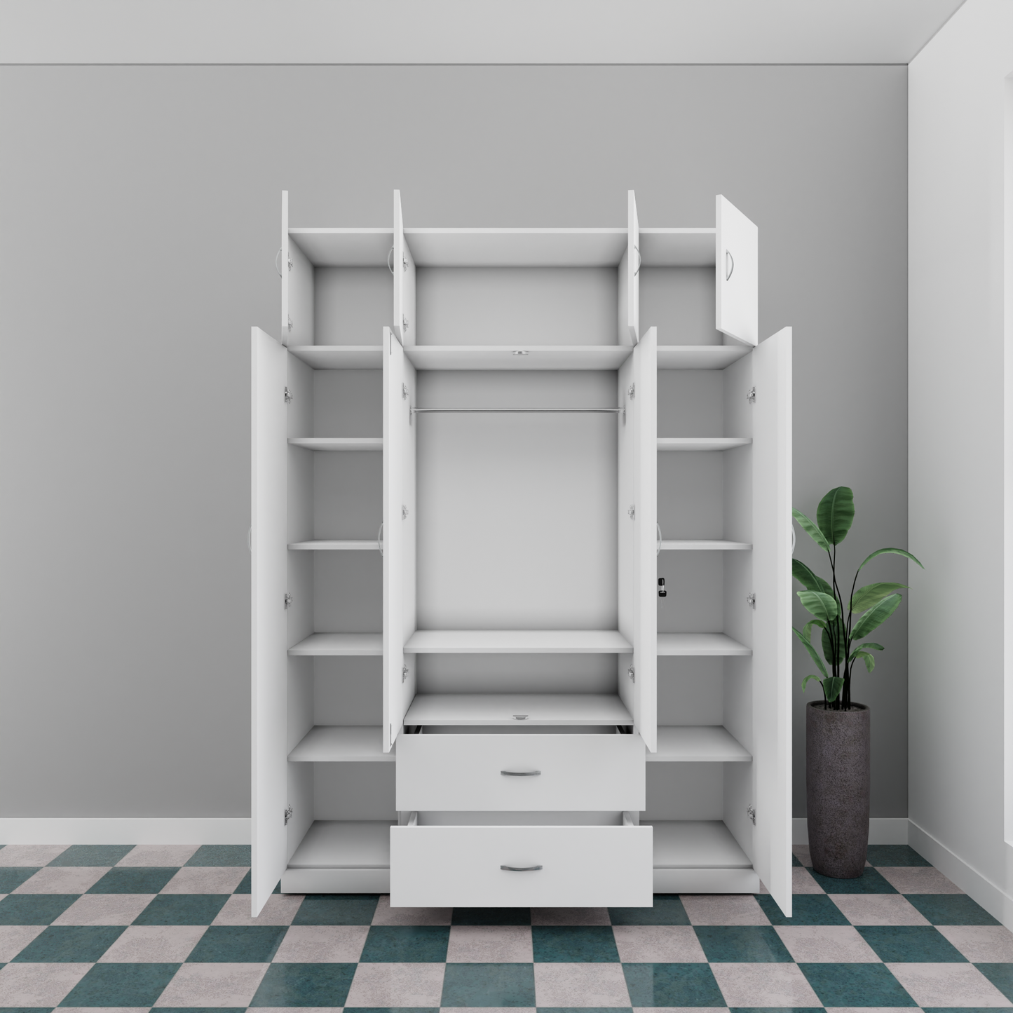 AVIRA |Wardrobe with Mirror, Hinged | 4 Door, 2 Drawer with loft Wardrobes VIKI FURNITURE