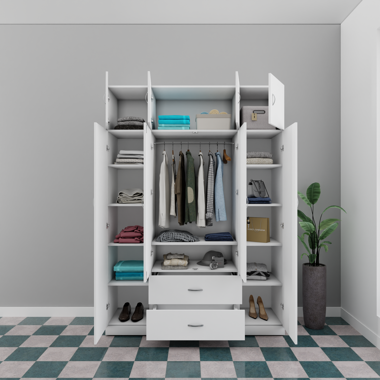 AVIRA |Wardrobe with Mirror, Hinged | 4 Door, 2 Drawer with loft Wardrobes VIKI FURNITURE