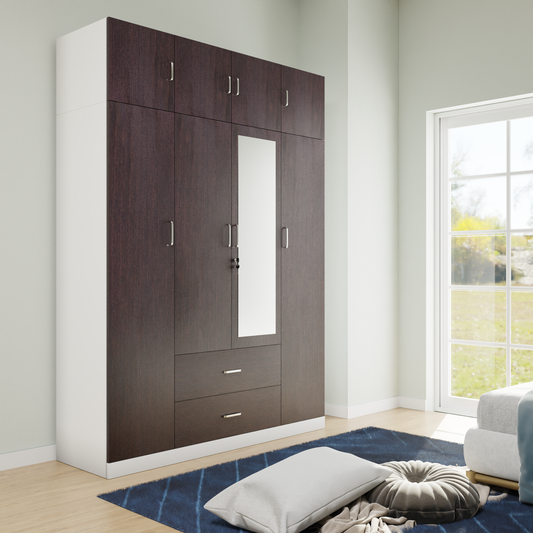 AVIRA |Wardrobe with Mirror, Hinged | 4 Door, 2 Drawer with loft & Dual Color Wardrobes VIKI FURNITURE Frosty White & Dark Wenge