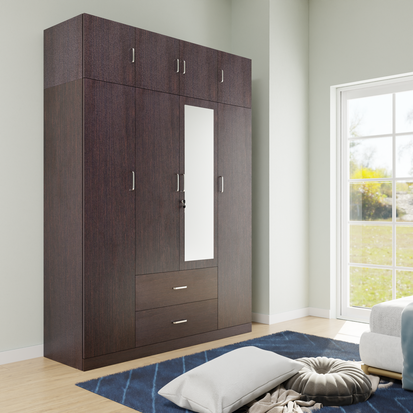 AVIRA |Wardrobe with Mirror, Hinged | 4 Door, 2 Drawer with loft Wardrobes VIKI FURNITURE Dark Wenge  