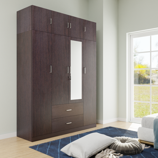 AVIRA |Wardrobe with Mirror, Hinged | 4 Door, 2 Drawer with loft Wardrobes VIKI FURNITURE Dark Wenge