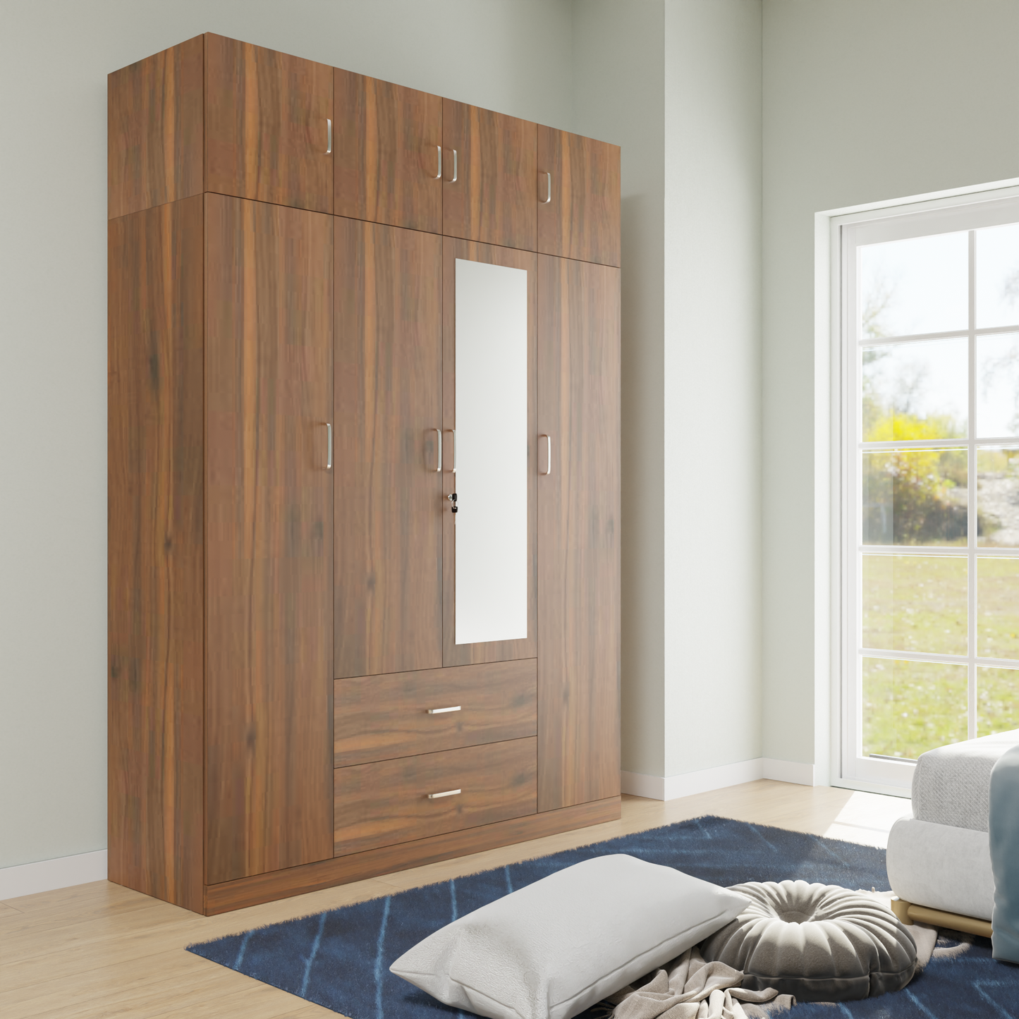 AVIRA |Wardrobe with Mirror, Hinged | 4 Door, 2 Drawer with loft Wardrobes VIKI FURNITURE Brussel Walnut  