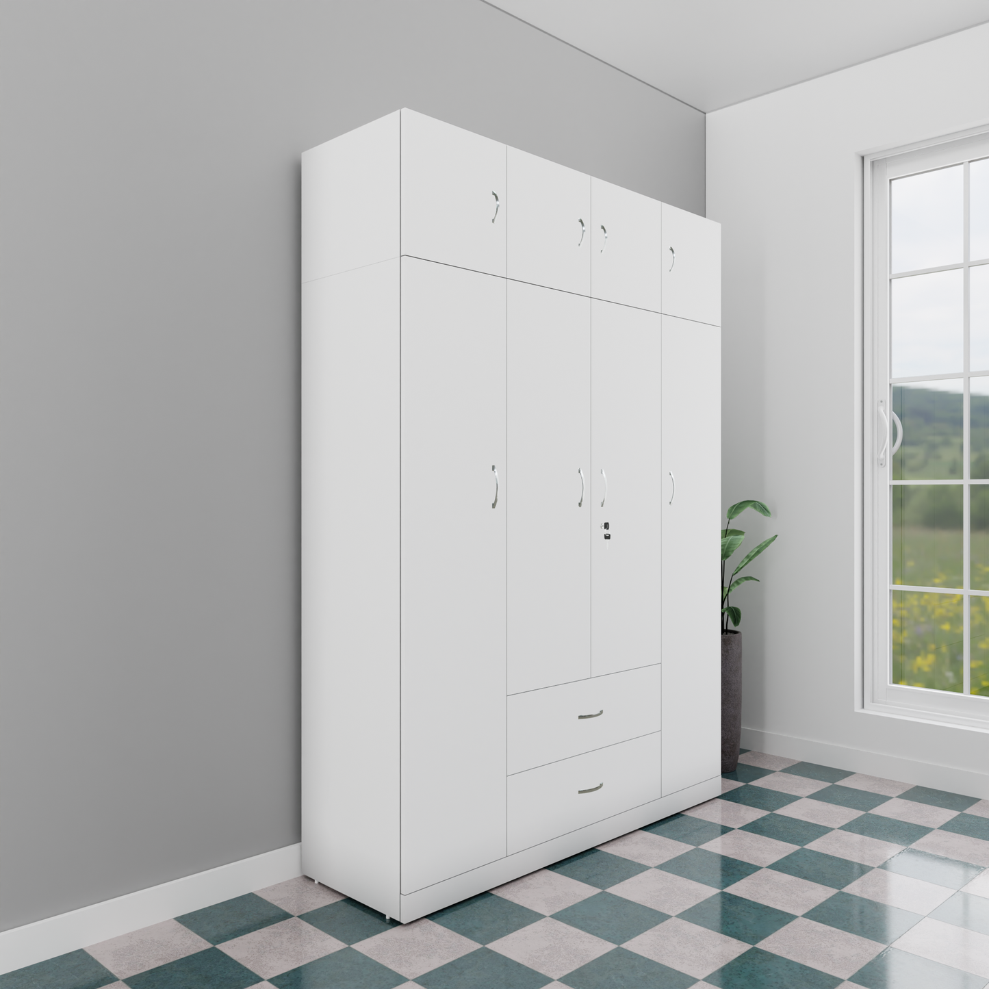 AVIRA |Wardrobe , Hinged | 4 Door, 2 Drawer with loft Wardrobes VIKI FURNITURE Frosty White