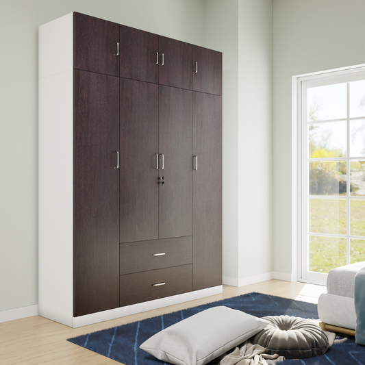 AVIRA |Wardrobe , Hinged | 4 Door, 2 Drawer with loft & Dual Color Wardrobes VIKI FURNITURE Frosty White & Dark Wenge