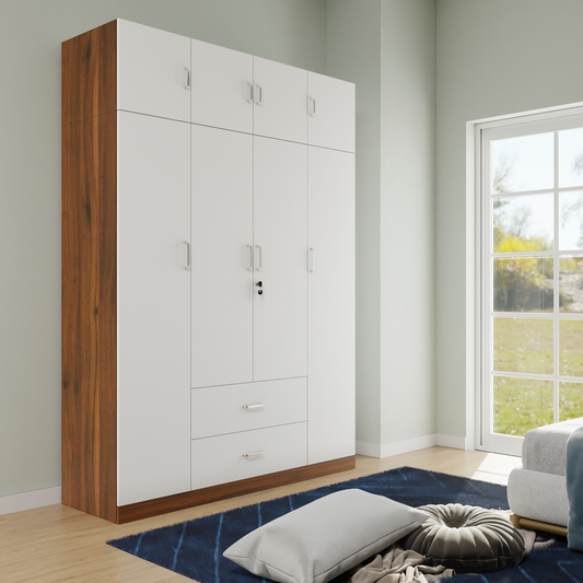 AVIRA |Wardrobe , Hinged | 4 Door, 2 Drawer with loft & Dual Color Wardrobes VIKI FURNITURE Brussel Walnut & Frosty White