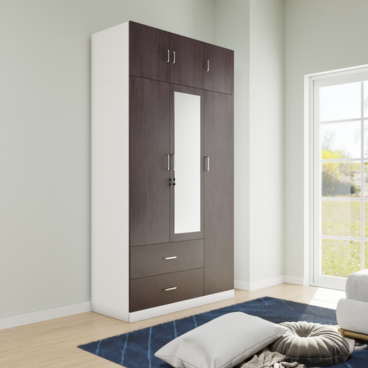 AVIRA |Wardrobe with Mirror, Hinged | 3 Door, 2 Drawer with loft & Dual Color Wardrobes VIKI FURNITURE Frosty White & Dark Wenge