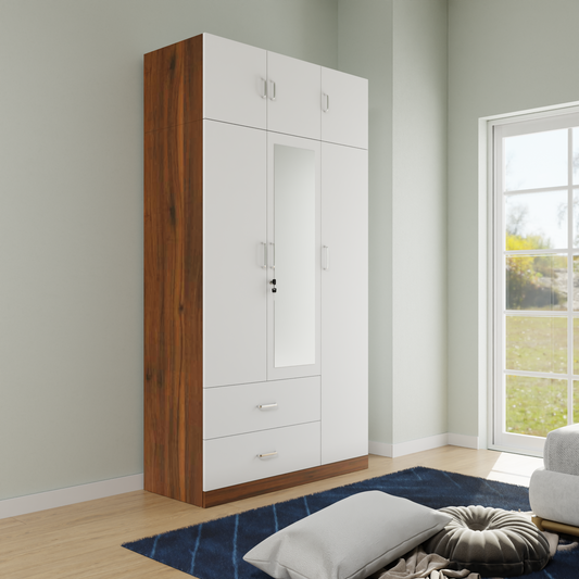 AVIRA |Wardrobe with Mirror, Hinged | 3 Door, 2 Drawer with loft & Dual Color Wardrobes VIKI FURNITURE Brussel Walnut & Frosty White