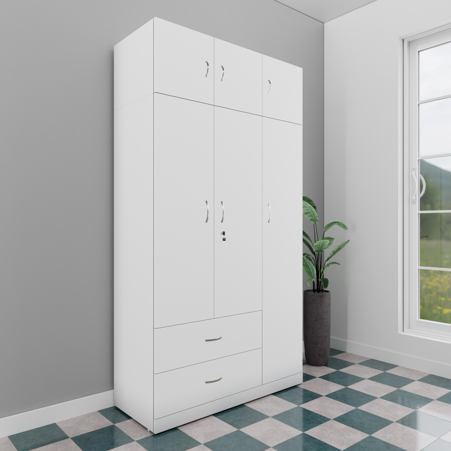 AVIRA |Wardrobe , Hinged | 3 Door, 2 Drawer with loft Wardrobes VIKI FURNITURE Frosty White
