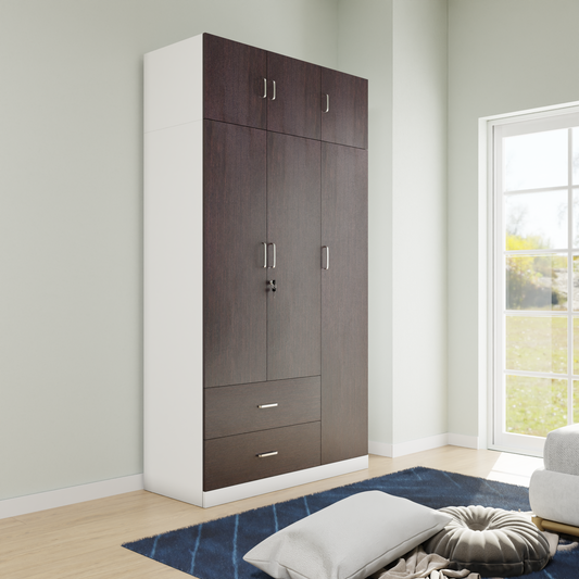 AVIRA |Wardrobe , Hinged | 3 Door, 2 Drawer with loft & Dual Color Wardrobes VIKI FURNITURE Frosty White & Dark Wenge