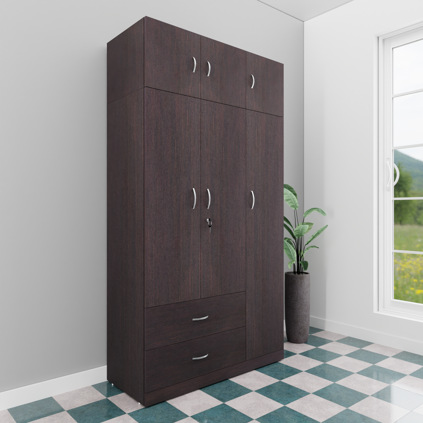 AVIRA |Wardrobe , Hinged | 3 Door, 2 Drawer with loft Wardrobes VIKI FURNITURE Dark Wenge