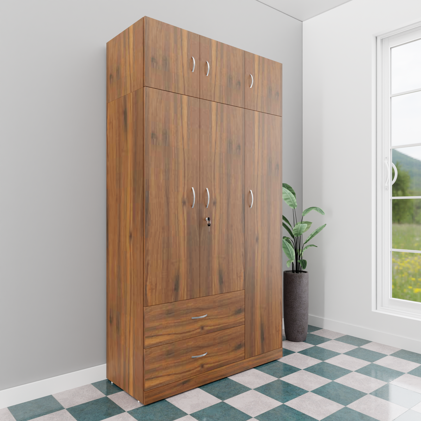 AVIRA |Wardrobe , Hinged | 3 Door, 2 Drawer with loft Wardrobes VIKI FURNITURE Brussel Walnut