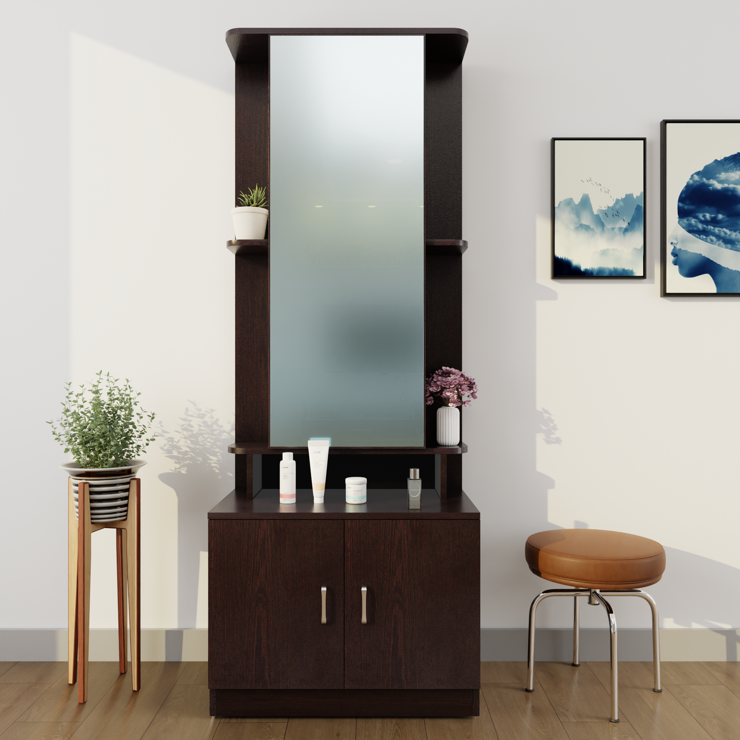 Dressing Table with Mirror Door | Double Door & Shelves Dressing Table VIKI FURNITURE Dark Wenge  